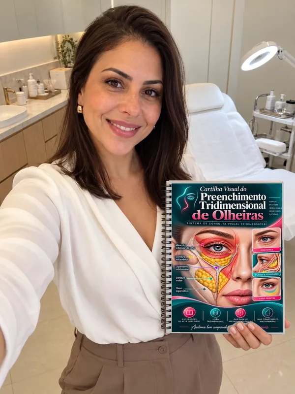 Representação ilustrativa por IA de profissional de estética com a Cartilha Visual de Olheiras, foto 01