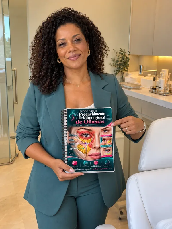 Representação ilustrativa por IA de profissional de estética com a Cartilha Visual de Olheiras, foto 03