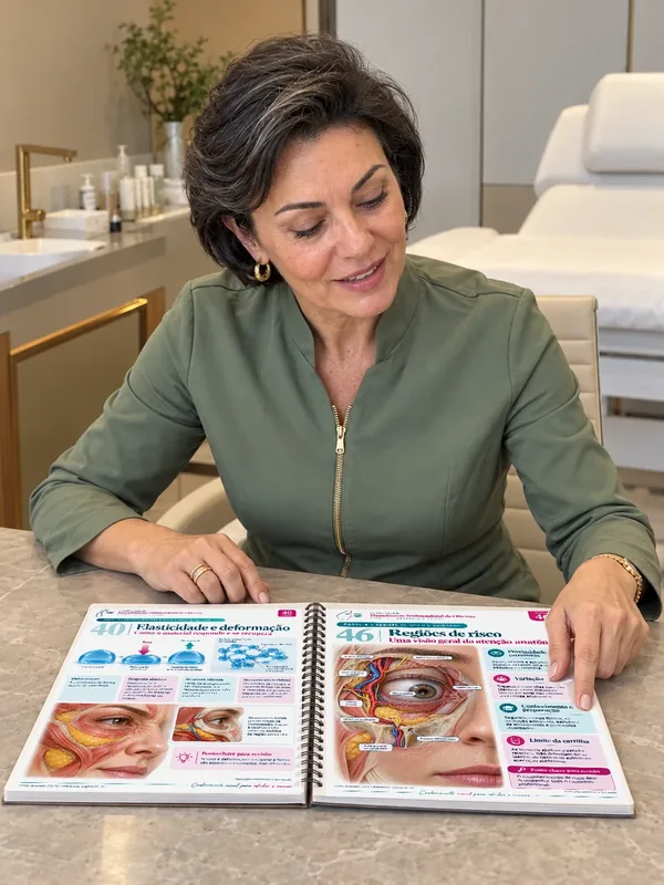 Representação ilustrativa por IA de profissional de estética com a Cartilha Visual de Olheiras, foto 04