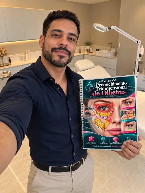 Representação ilustrativa por IA de profissional de estética com a Cartilha Visual de Olheiras, foto 05