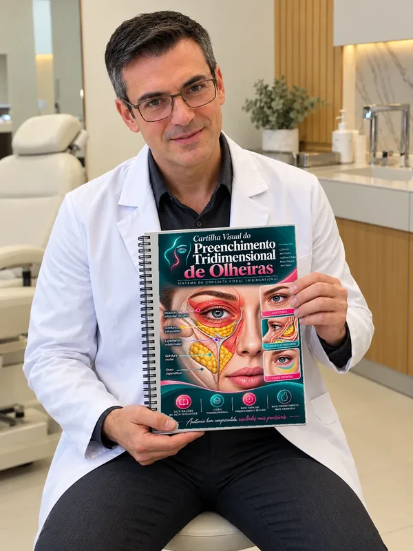 Representação ilustrativa por IA de profissional de estética com a Cartilha Visual de Olheiras, foto 06